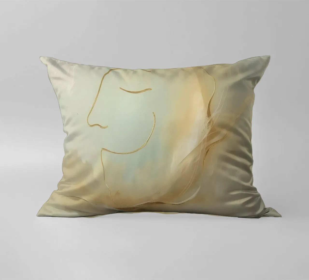Abstract portrait of a smiling face rendered in soft hues decorative cushion by DesignDoodle
