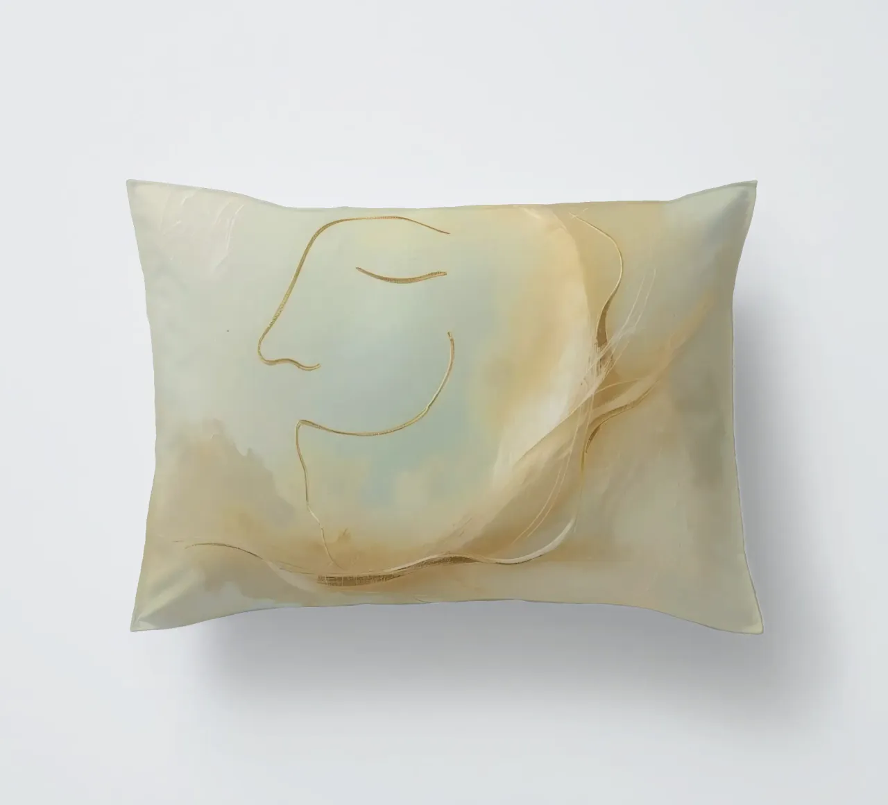 Abstract portrait of a smiling face rendered in soft hues decorative cushion by DesignDoodle