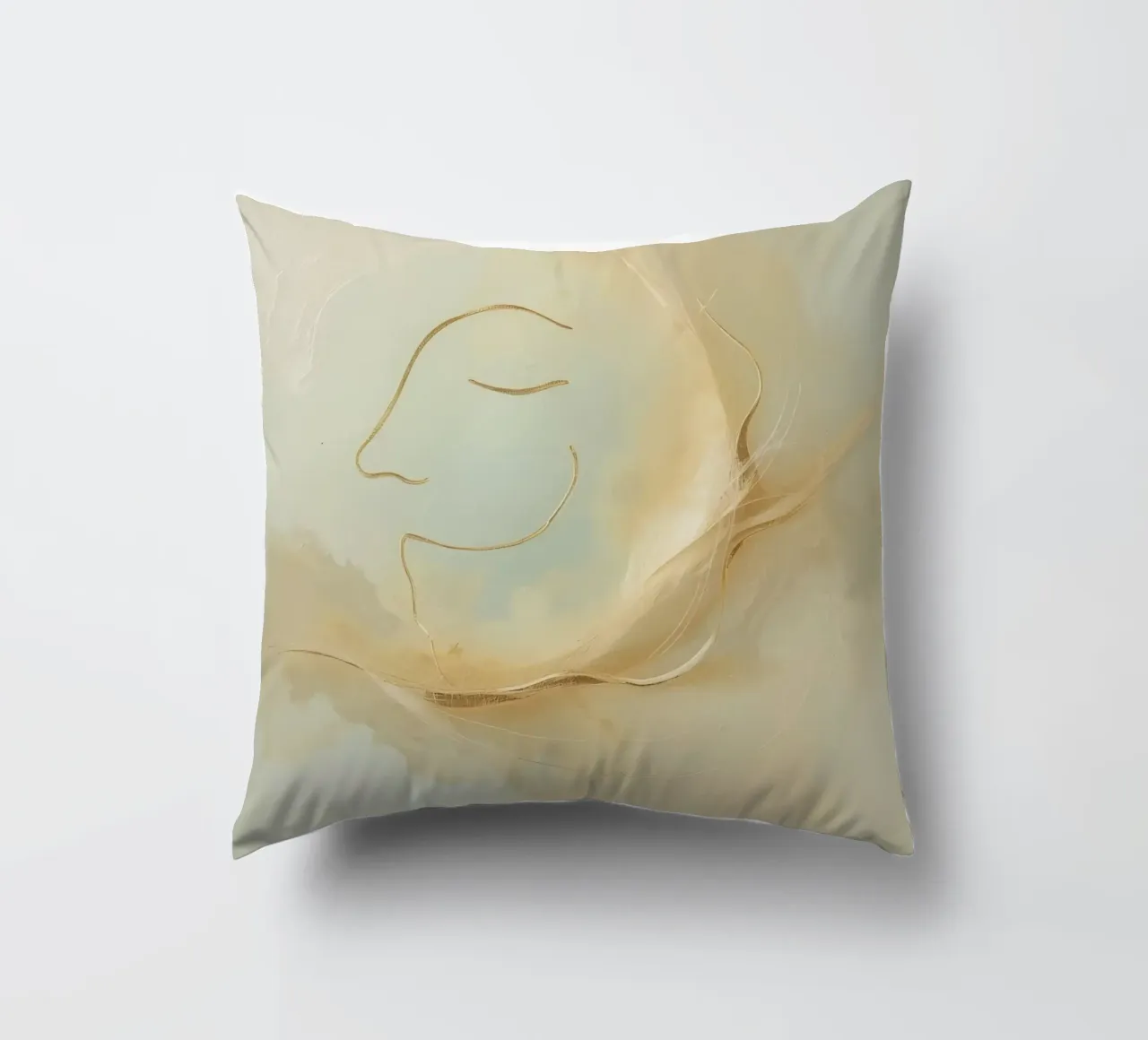 Abstract portrait of a smiling face rendered in soft hues decorative cushion by DesignDoodle
