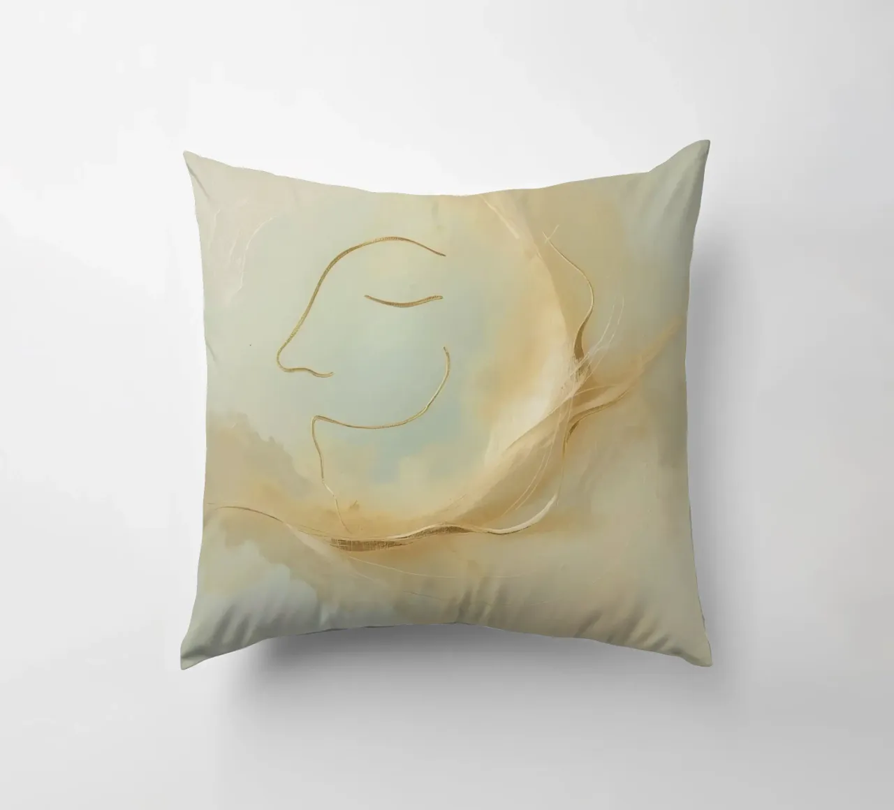 Abstract portrait of a smiling face rendered in soft hues decorative cushion by DesignDoodle