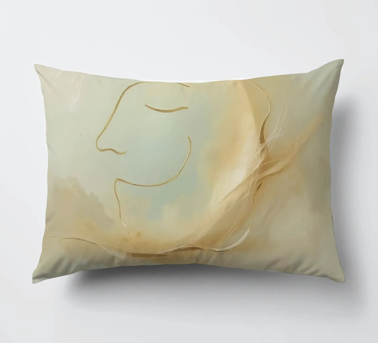 Abstract portrait of a smiling face rendered in soft hues decorative cushion by DesignDoodle