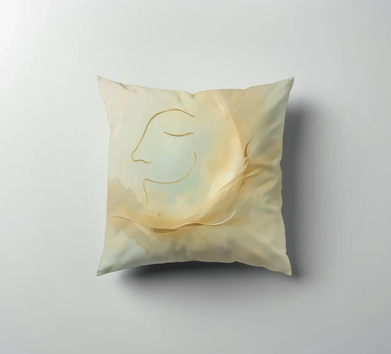 Abstract portrait of a smiling face rendered in soft hues decorative cushion by DesignDoodle
