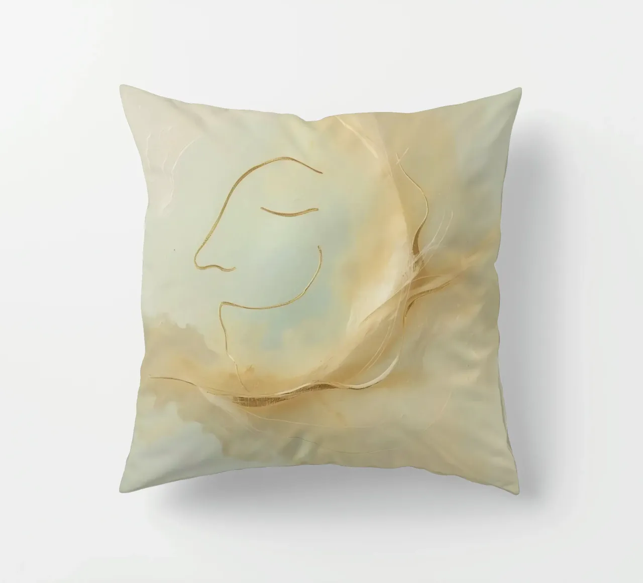 Abstract portrait of a smiling face rendered in soft hues decorative cushion by DesignDoodle