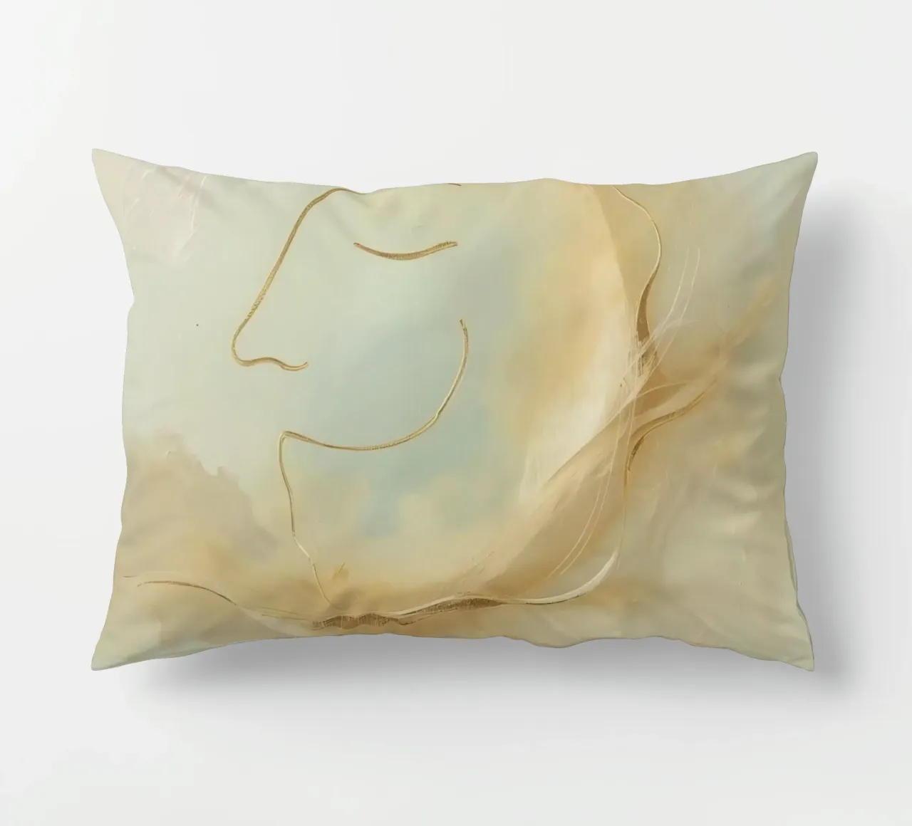 Abstract portrait of a smiling face rendered in soft hues decorative cushion by DesignDoodle