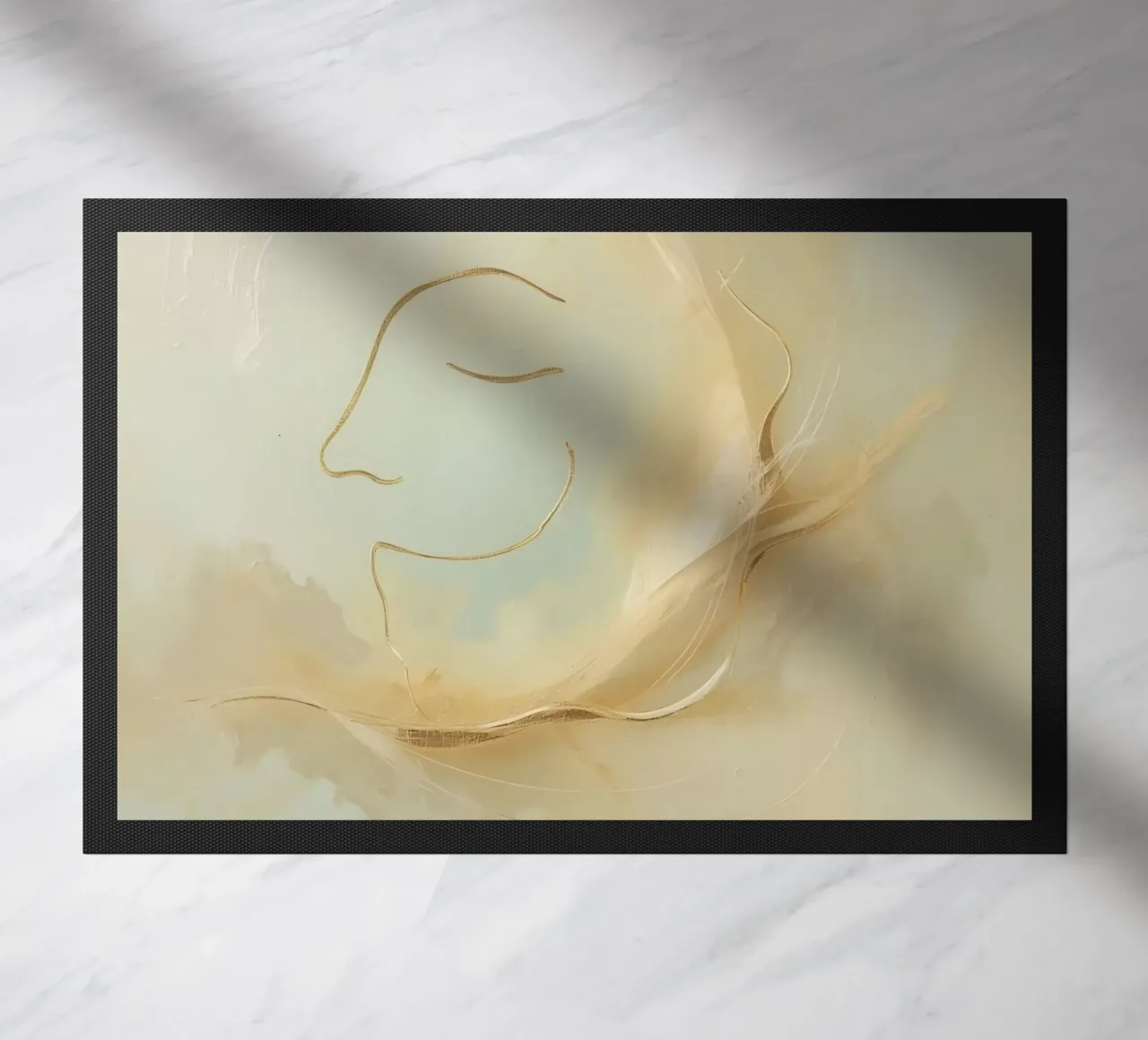 Abstract portrait of a smiling face rendered in soft hues doormat by DesignDoodle
