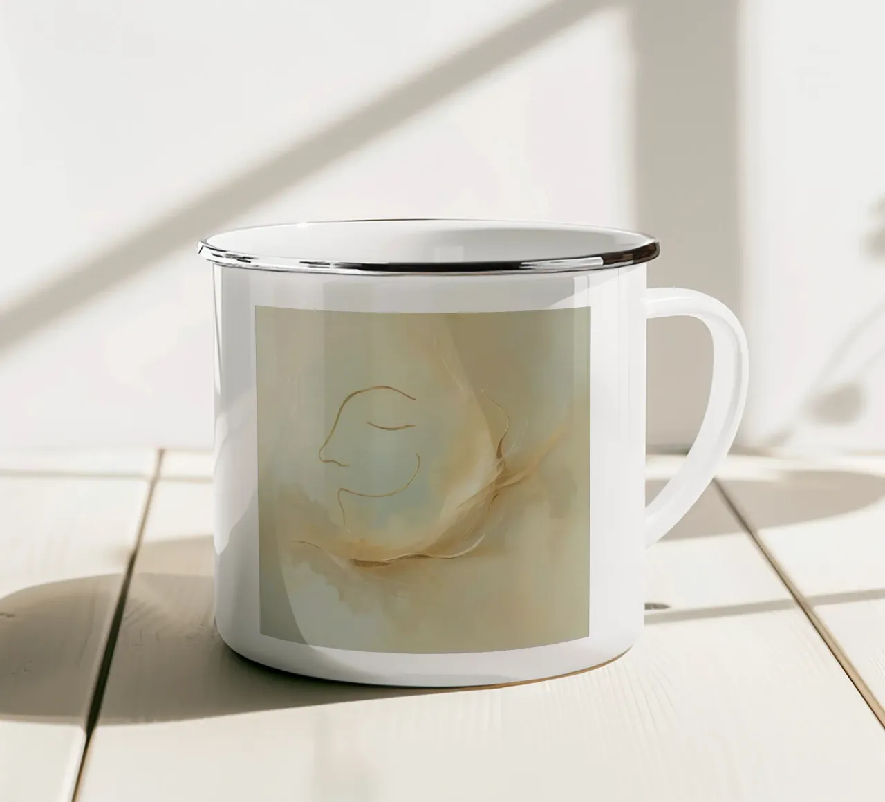 Abstract portrait of a smiling face rendered in soft hues enamel mug by DesignDoodle