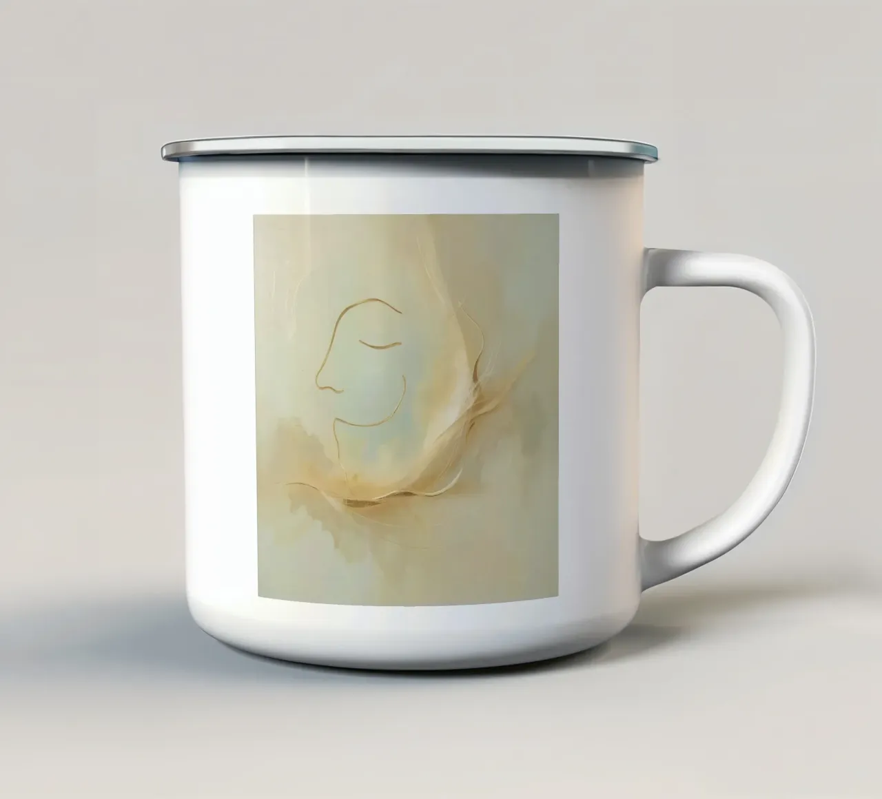 Abstract portrait of a smiling face rendered in soft hues enamel mug by DesignDoodle