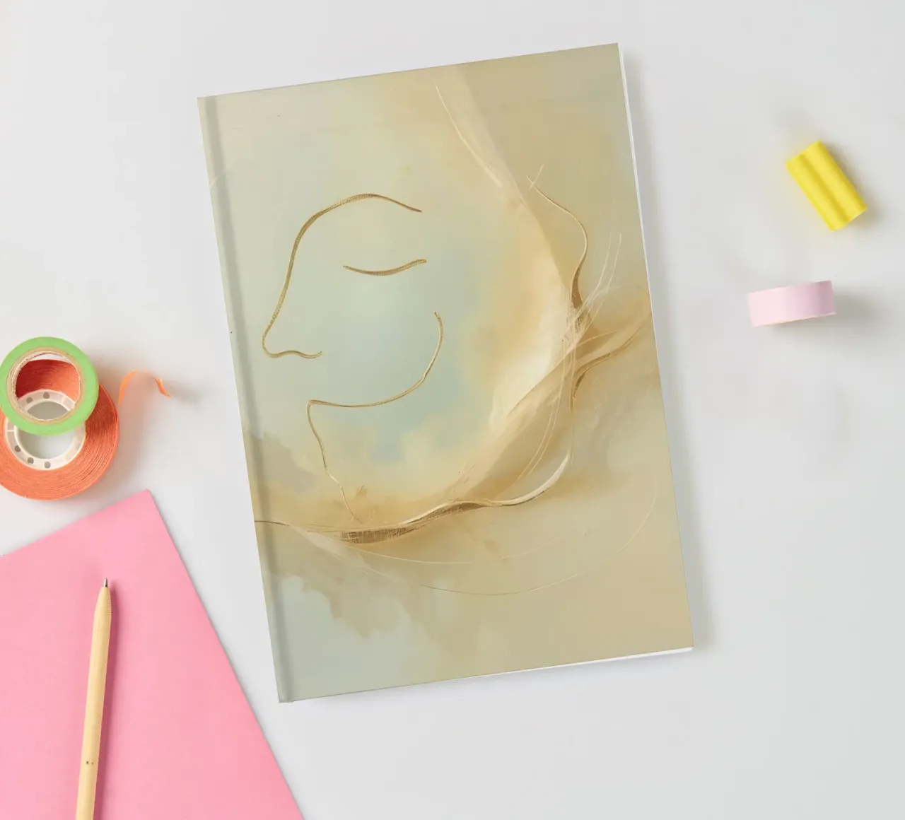 Abstract portrait of a smiling face rendered in soft hues notebook by DesignDoodle