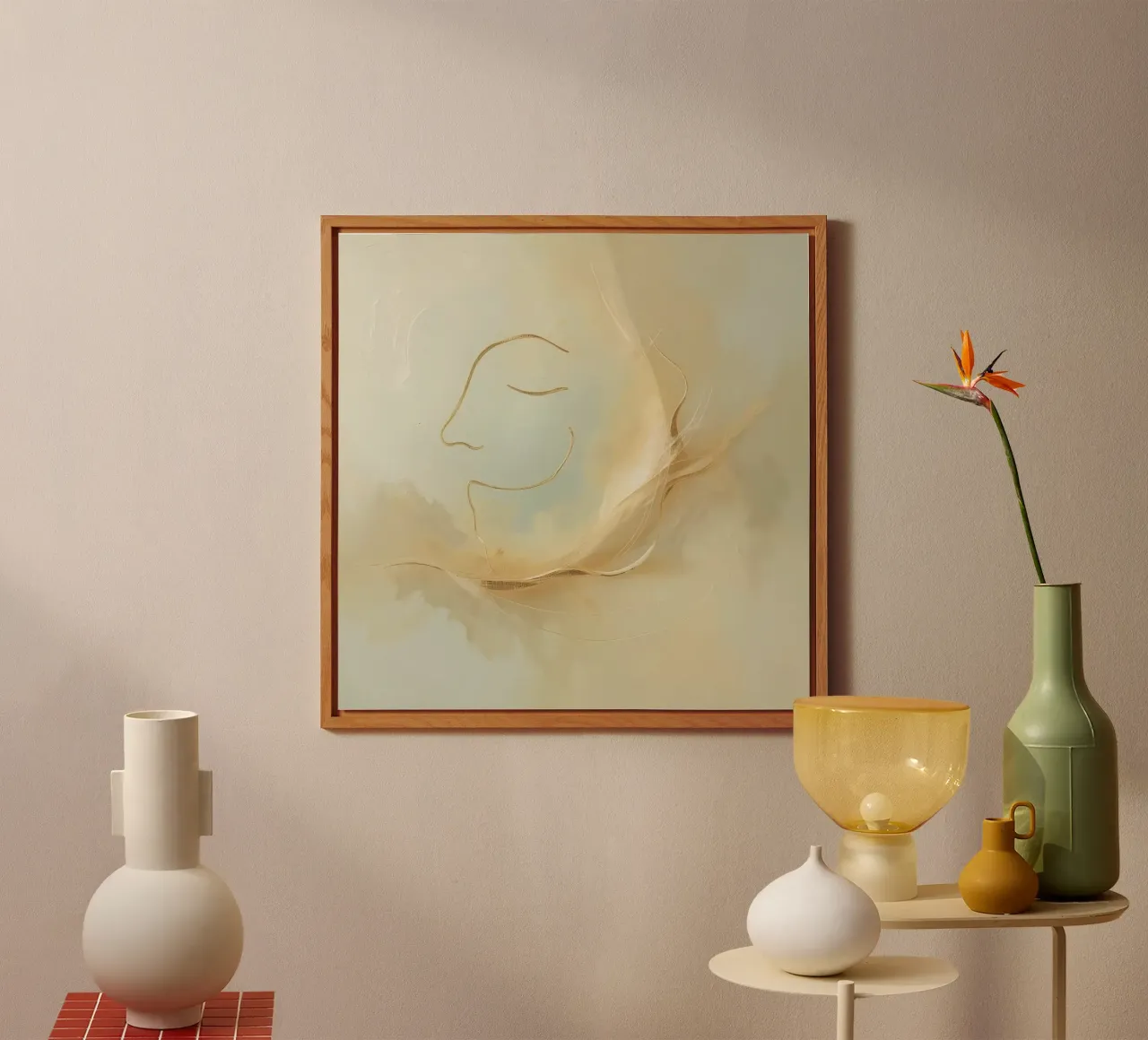 Abstract portrait of a smiling face rendered in soft hues alu-dibond by DesignDoodle