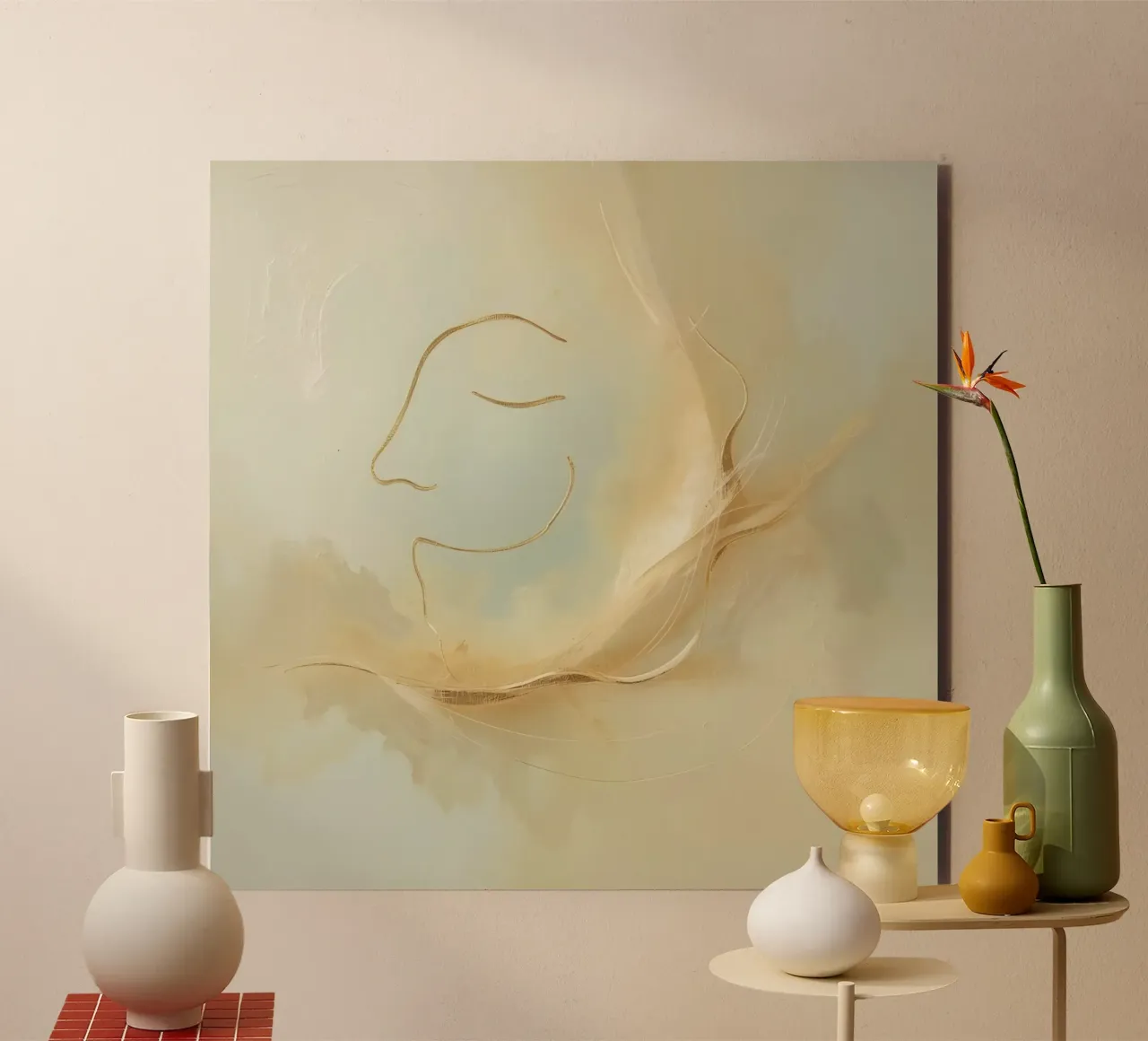 Abstract portrait of a smiling face rendered in soft hues alu-dibond by DesignDoodle