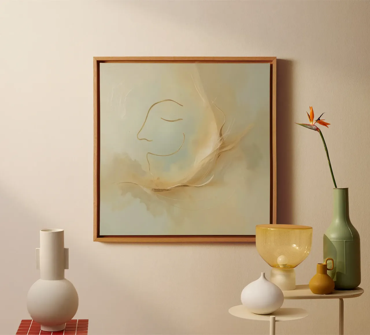 Abstract portrait of a smiling face rendered in soft hues canvas by DesignDoodle
