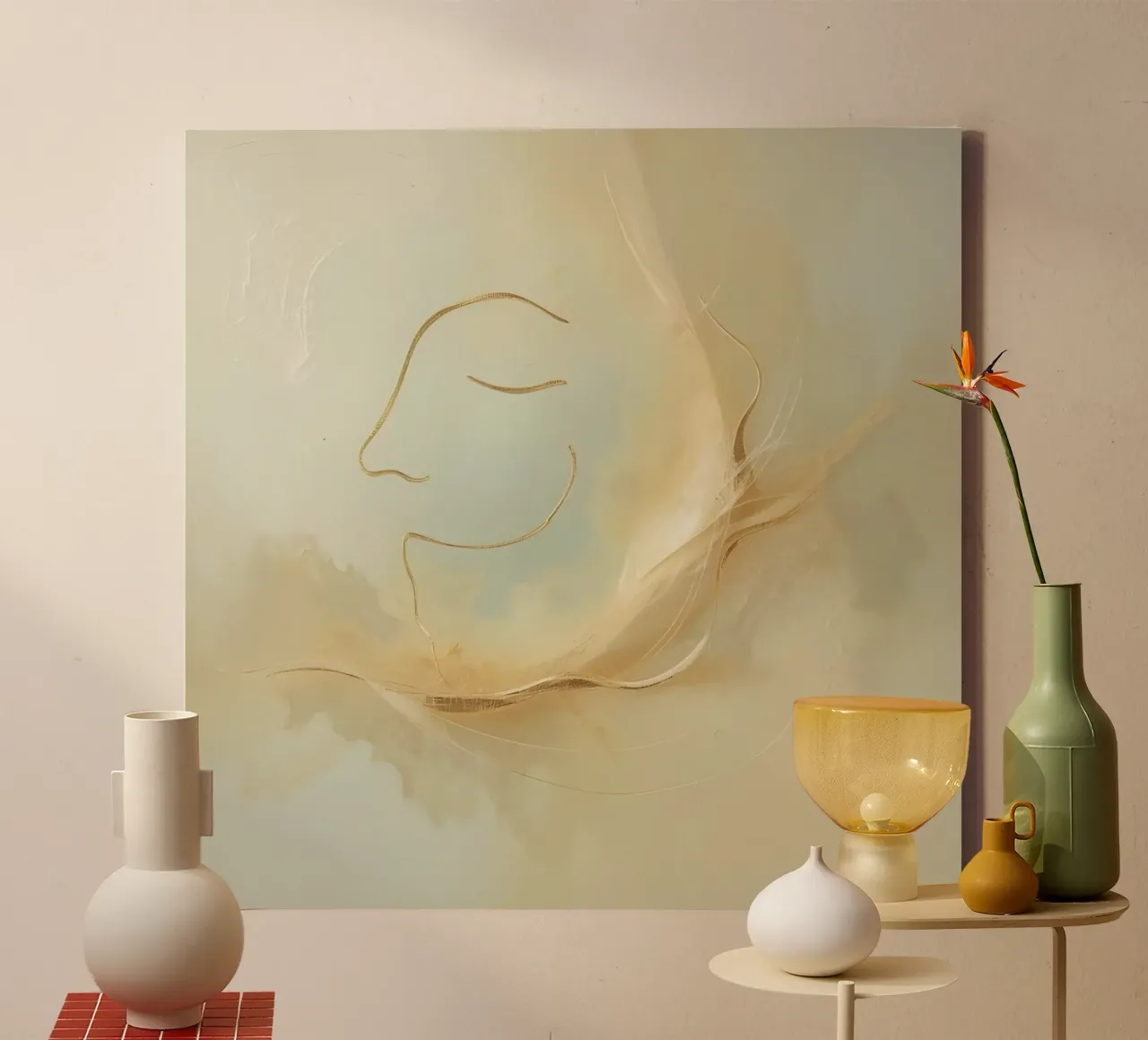 Abstract portrait of a smiling face rendered in soft hues canvas by DesignDoodle