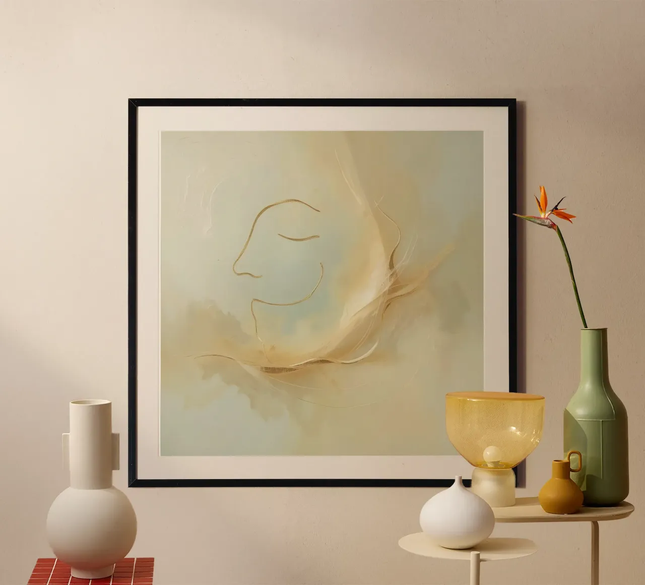 Abstract portrait of a smiling face rendered in soft hues poster with aluminum frame by DesignDoodle