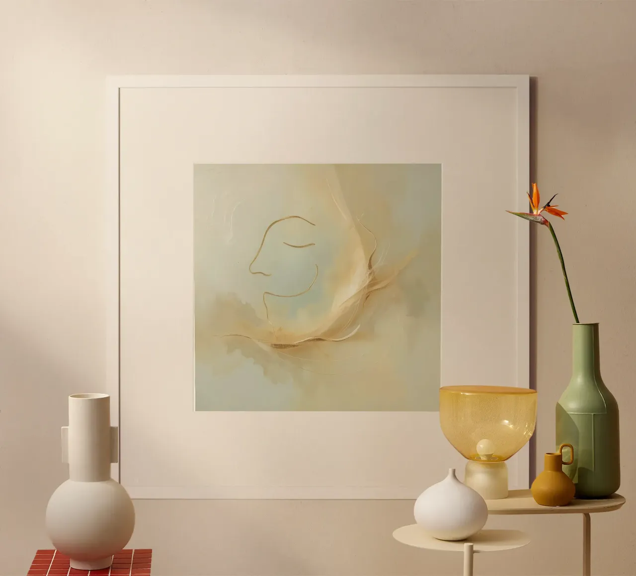 Abstract portrait of a smiling face rendered in soft hues poster with aluminum frame by DesignDoodle