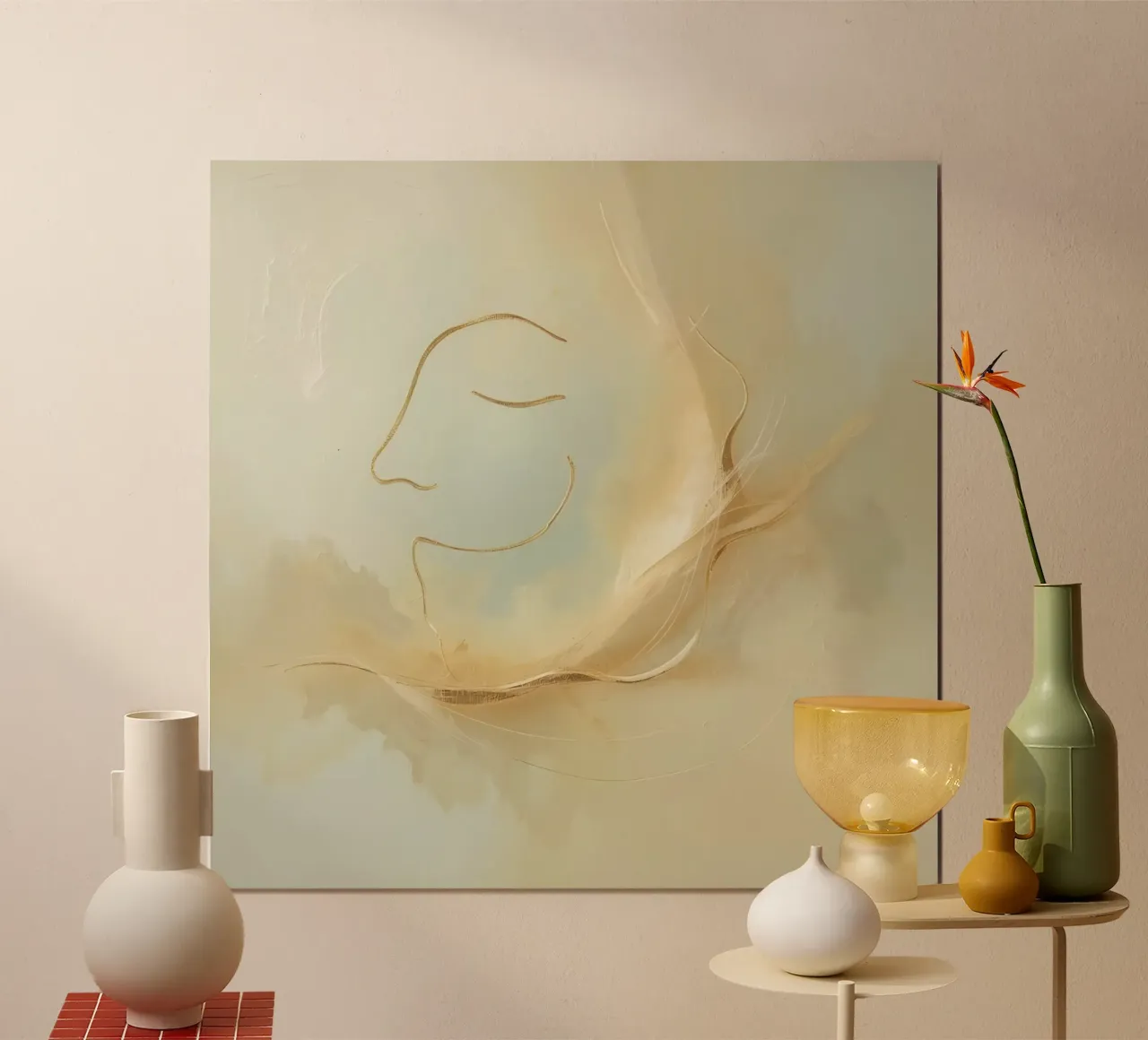 Abstract portrait of a smiling face rendered in soft hues poster with aluminum frame by DesignDoodle