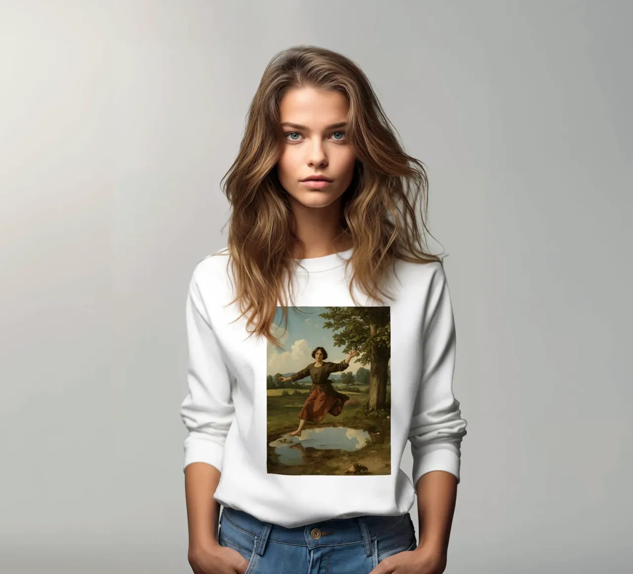 Ragazza che salta su una pozzanghera in un paesaggio verde e lussureggiante felpa da DesignDoodle