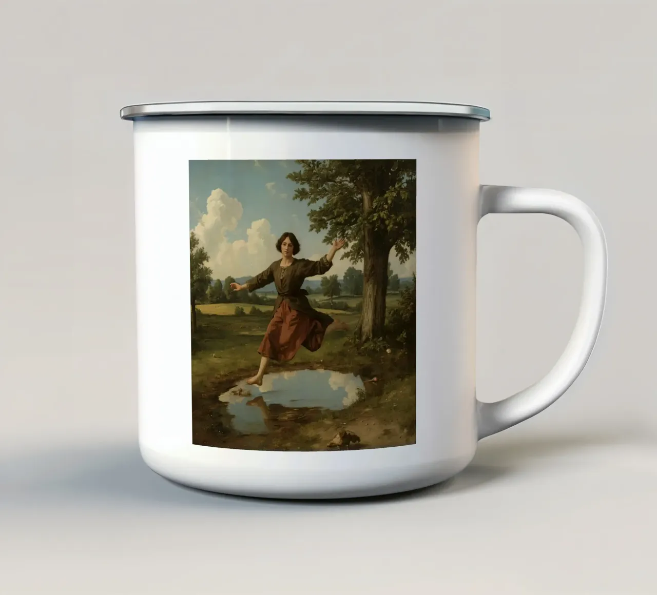 Ragazza che salta su una pozzanghera in un paesaggio verde e lussureggiante tazza in smalto da DesignDoodle