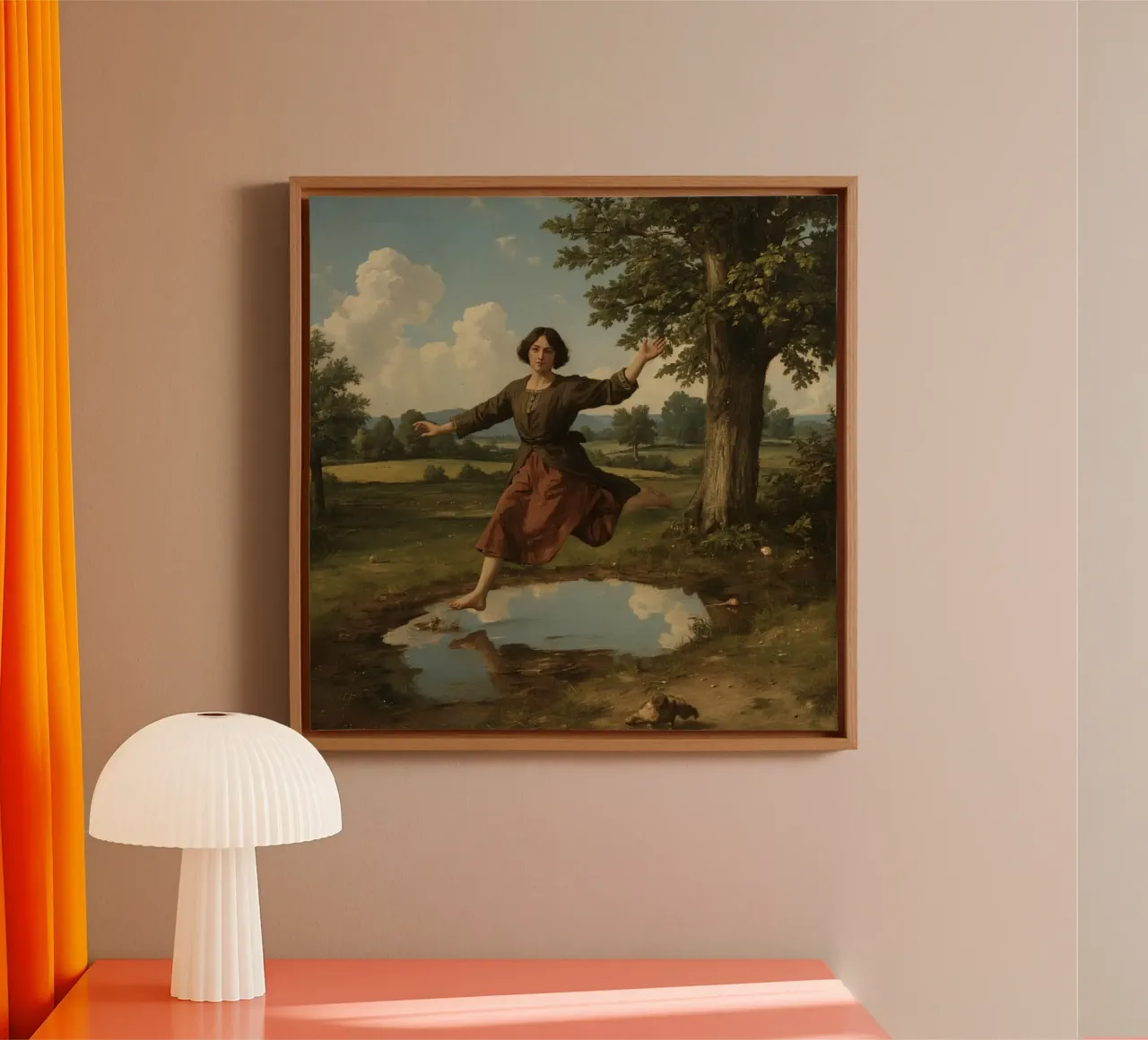 Ragazza che salta su una pozzanghera in un paesaggio verde e lussureggiante tela con Cornice a cassetta da DesignDoodle