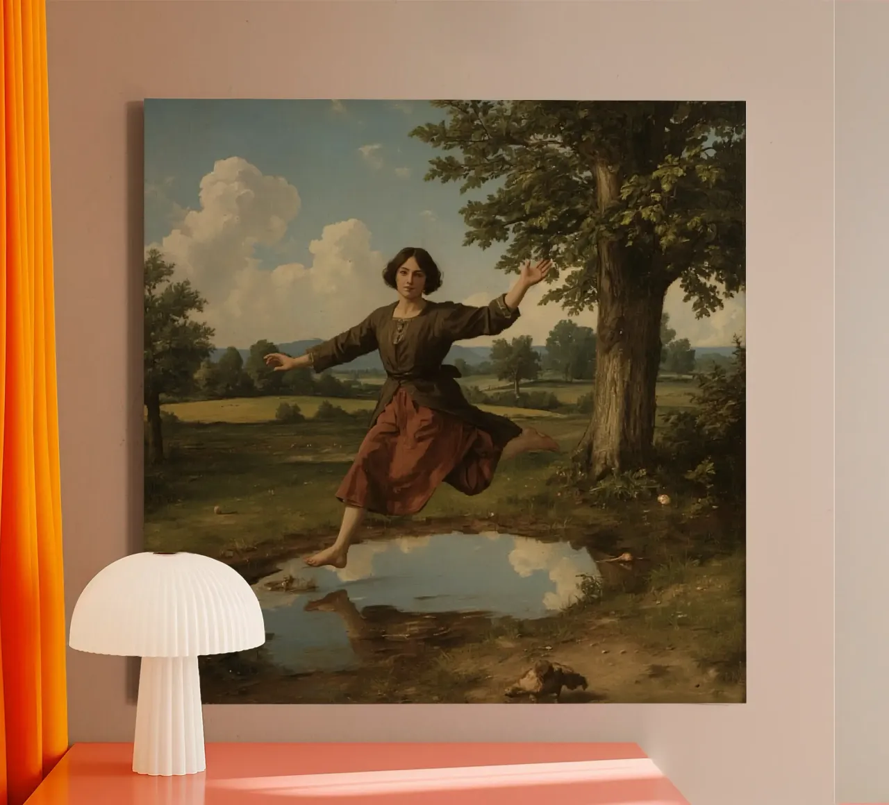 Ragazza che salta su una pozzanghera in un paesaggio verde e lussureggiante tela con Cornice a cassetta da DesignDoodle