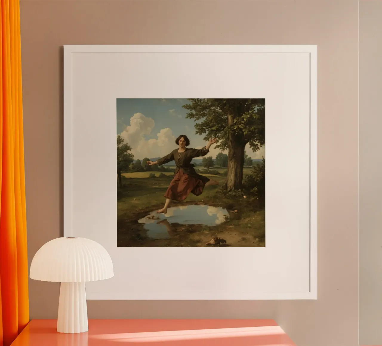 Ragazza che salta su una pozzanghera in un paesaggio verde e lussureggiante poster con telaio in plastica da DesignDoodle