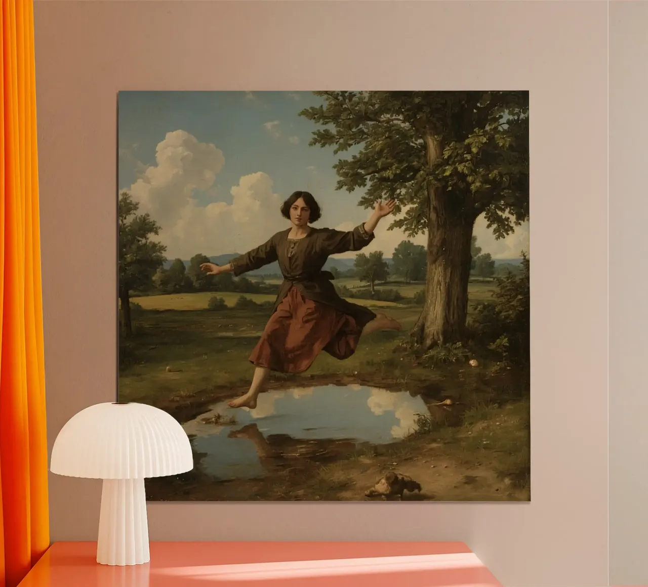 Ragazza che salta su una pozzanghera in un paesaggio verde e lussureggiante poster con telaio in plastica da DesignDoodle