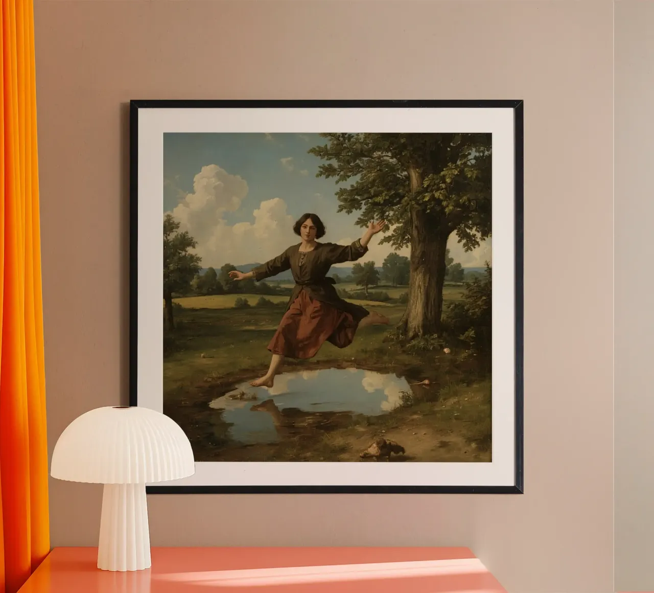 Ragazza che salta su una pozzanghera in un paesaggio verde e lussureggiante poster con telaio in plastica da DesignDoodle