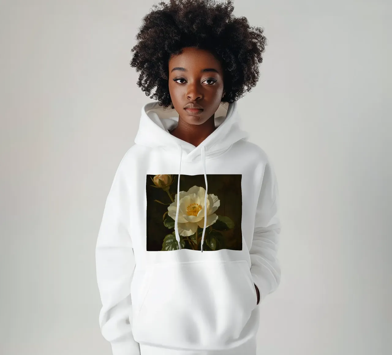 Raffigurazione dettagliata di un fiore bianco e di un bocciolo con una rigogliosa felpa con cappuccio da DesignDoodle