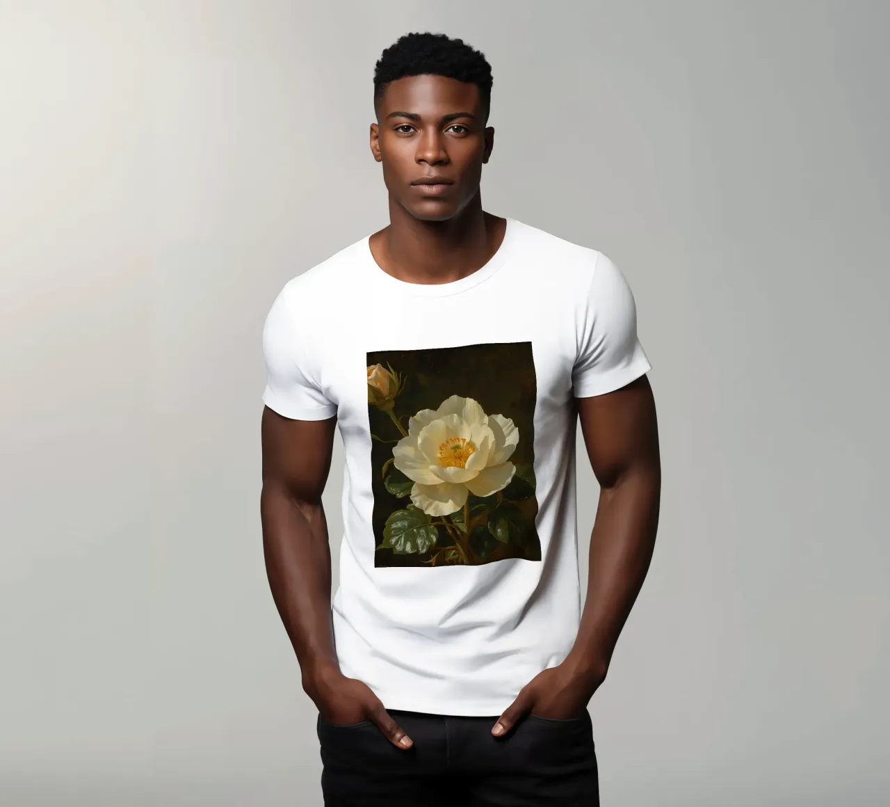 Raffigurazione dettagliata di un fiore bianco e di un bocciolo con una rigogliosa t-shirt da DesignDoodle
