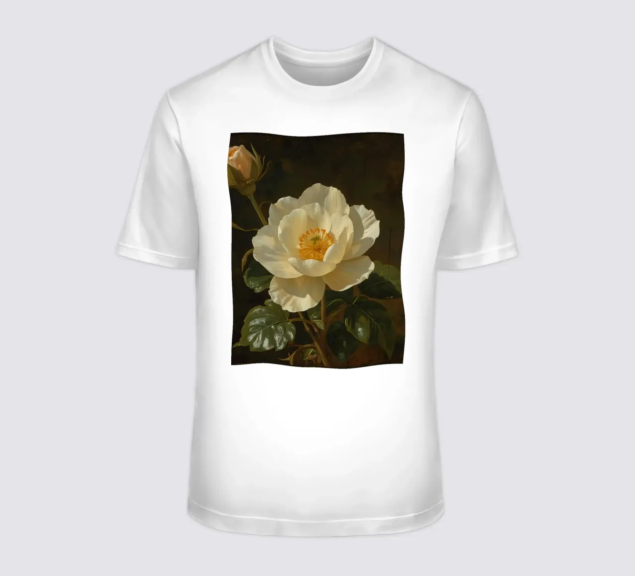Raffigurazione dettagliata di un fiore bianco e di un bocciolo con una rigogliosa t-shirt da DesignDoodle