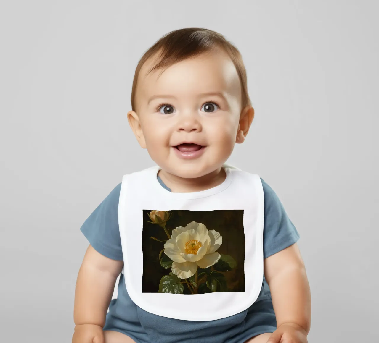 Raffigurazione dettagliata di un fiore bianco e di un bocciolo con una rigogliosa bavaglino da DesignDoodle