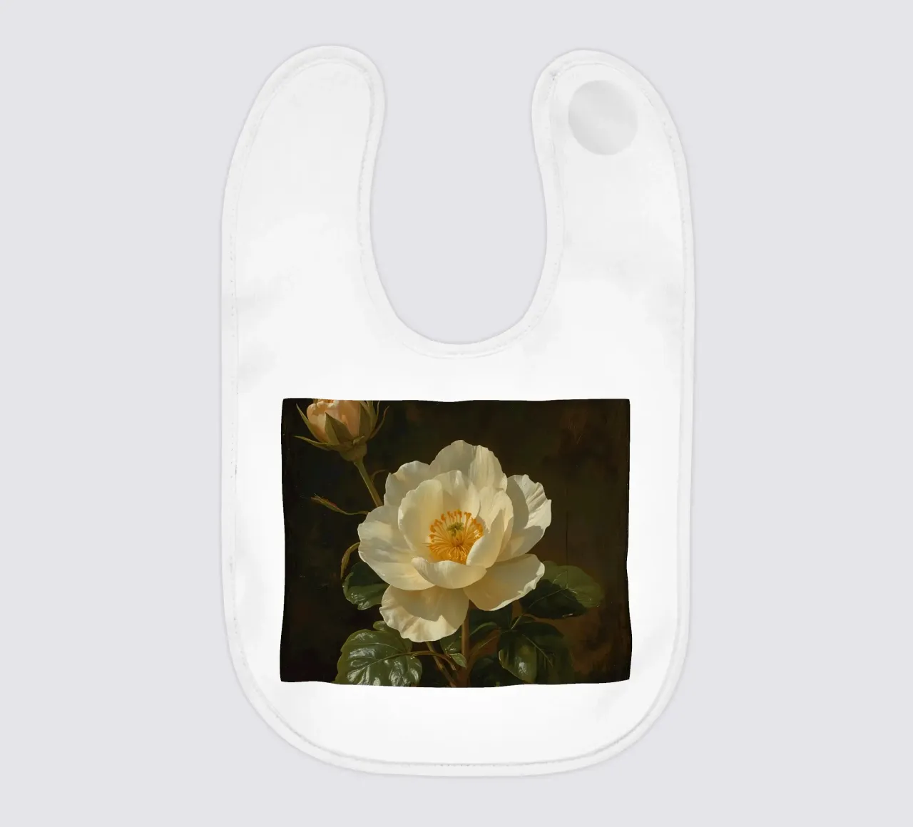 Raffigurazione dettagliata di un fiore bianco e di un bocciolo con una rigogliosa bavaglino da DesignDoodle