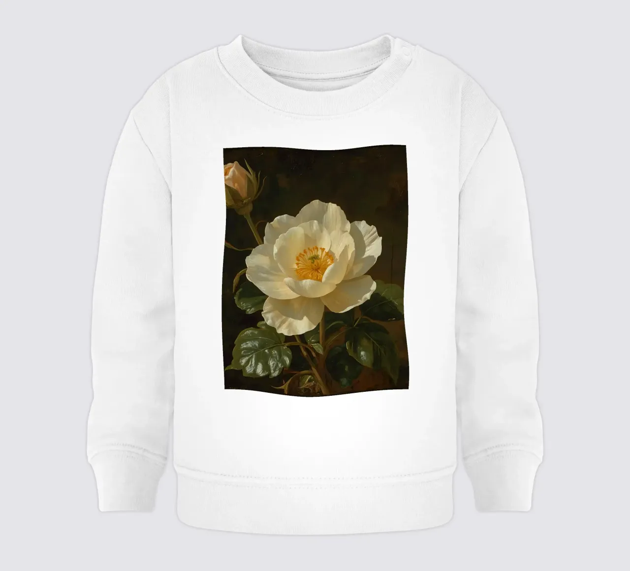 Raffigurazione dettagliata di un fiore bianco e di un bocciolo con una rigogliosa felpa neonato da DesignDoodle
