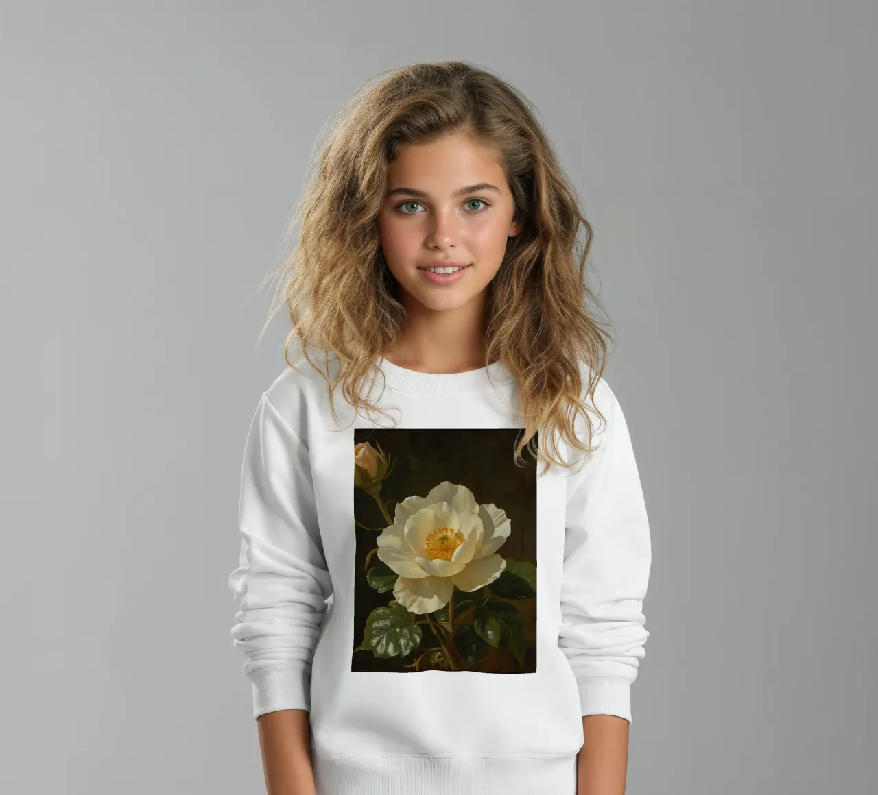 Raffigurazione dettagliata di un fiore bianco e di un bocciolo con una rigogliosa felpa bambino da DesignDoodle
