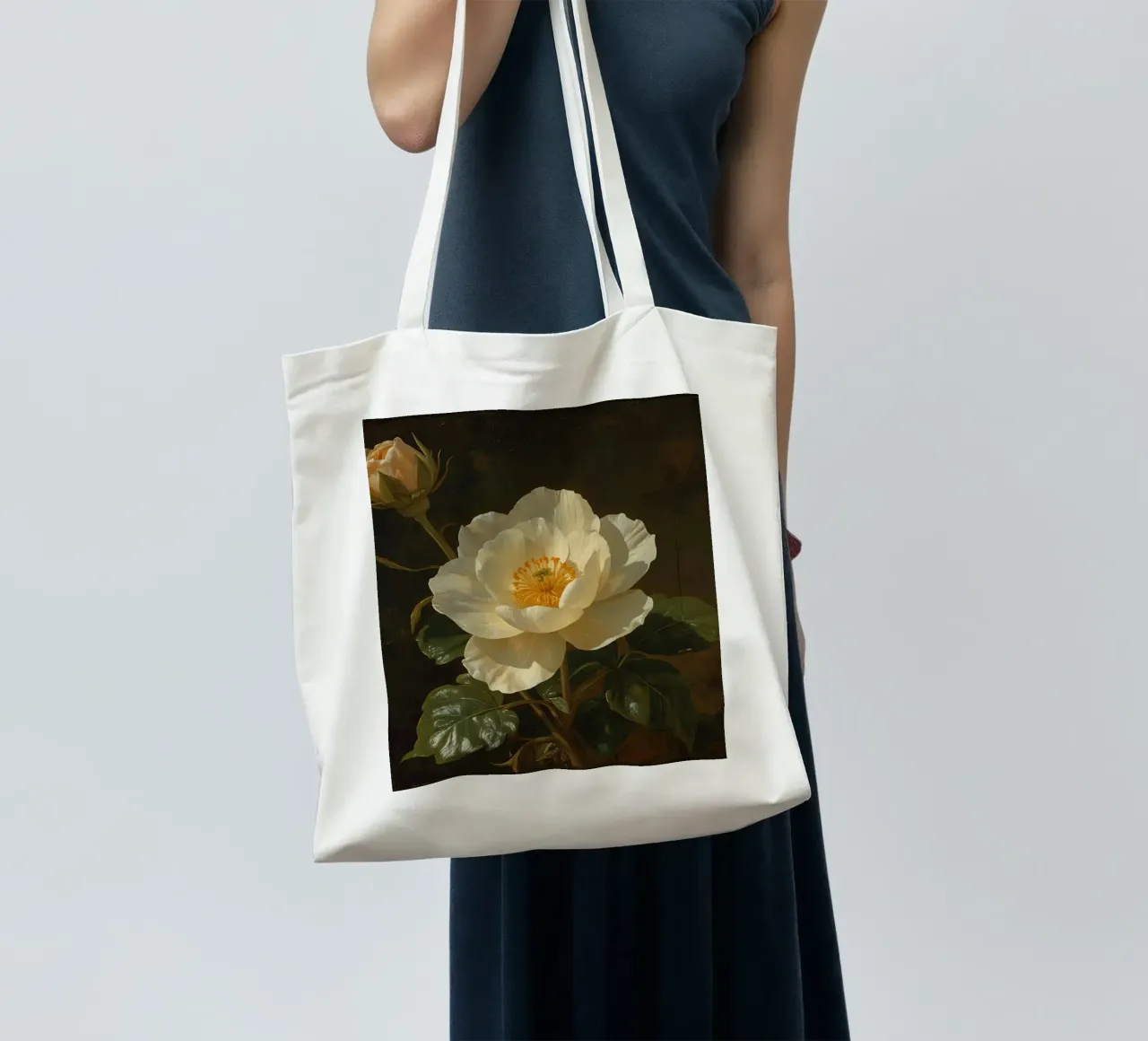 Raffigurazione dettagliata di un fiore bianco e di un bocciolo con una rigogliosa borsa in juta da DesignDoodle