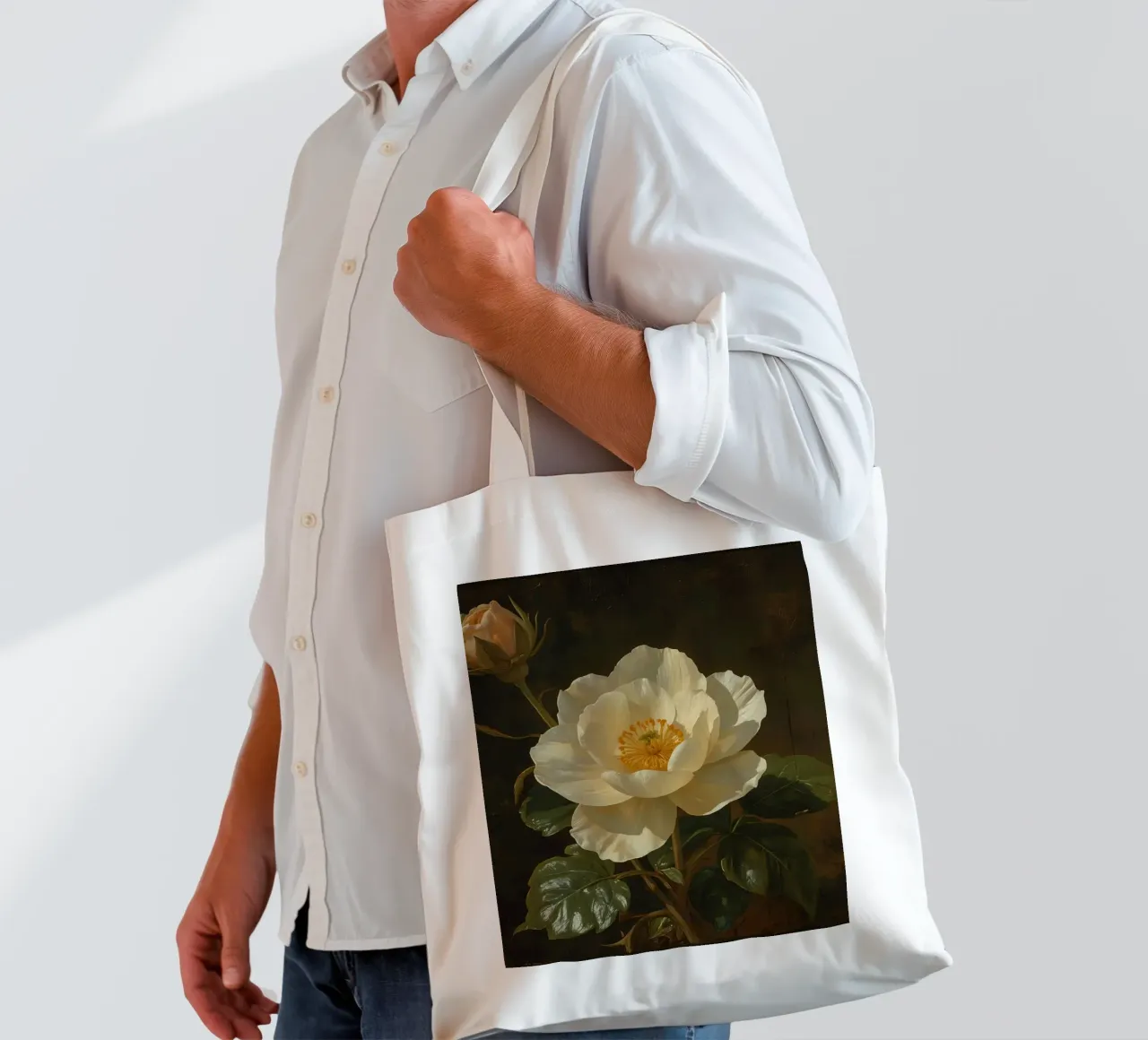 Raffigurazione dettagliata di un fiore bianco e di un bocciolo con una rigogliosa borsa in juta da DesignDoodle