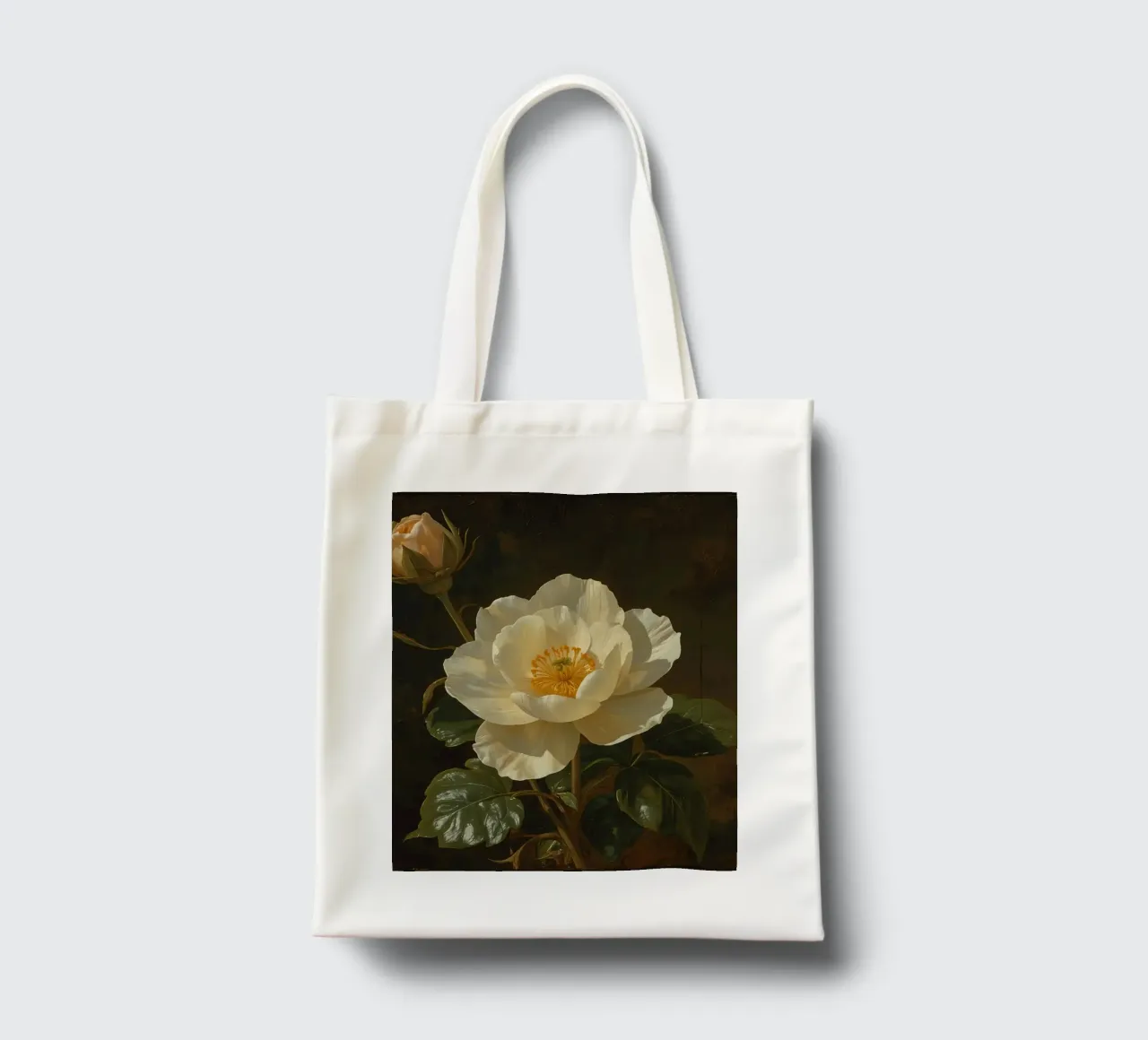 Raffigurazione dettagliata di un fiore bianco e di un bocciolo con una rigogliosa borsa in juta da DesignDoodle