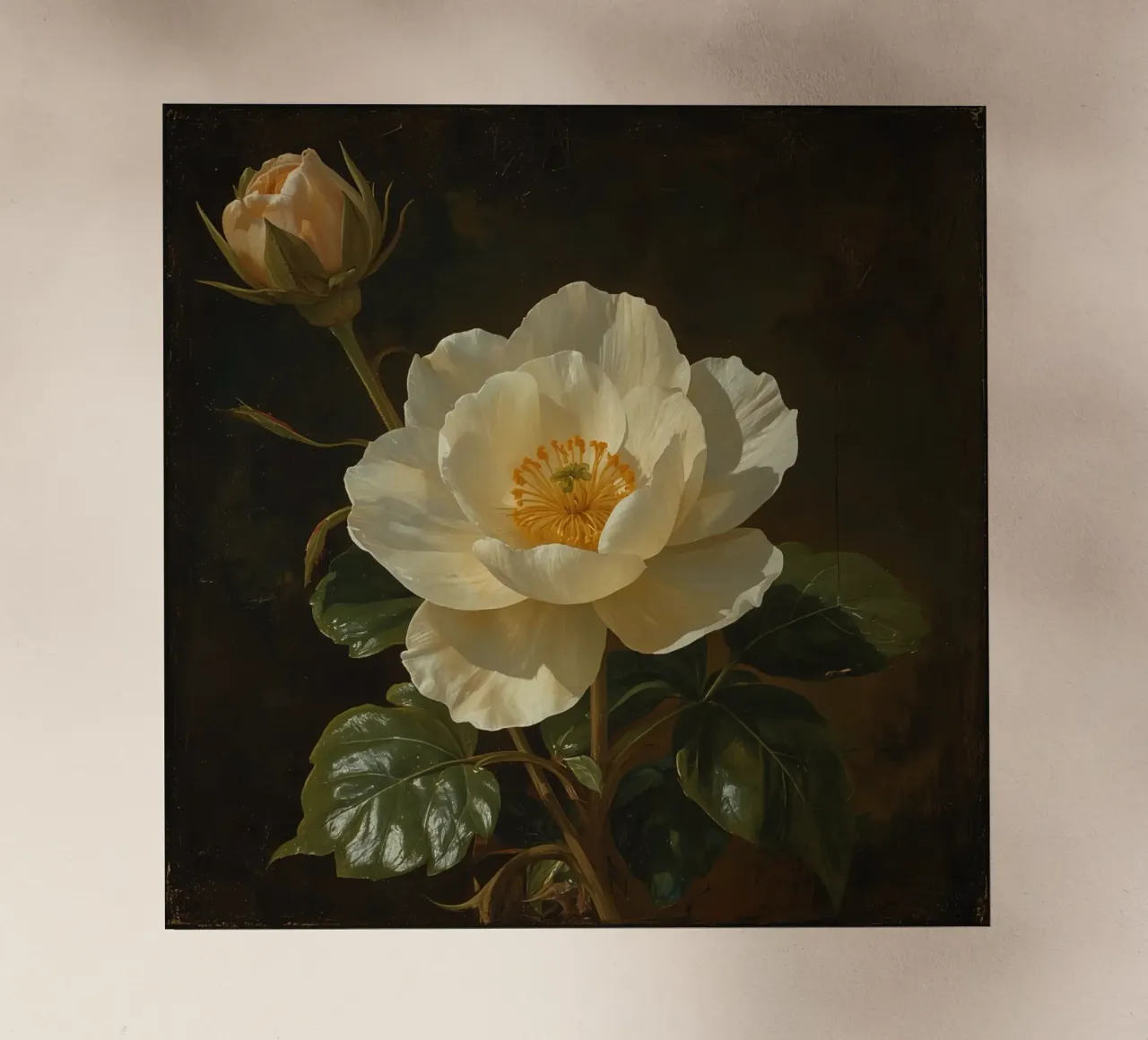 Raffigurazione dettagliata di un fiore bianco e di un bocciolo con una rigogliosa pellicola backlit da DesignDoodle
