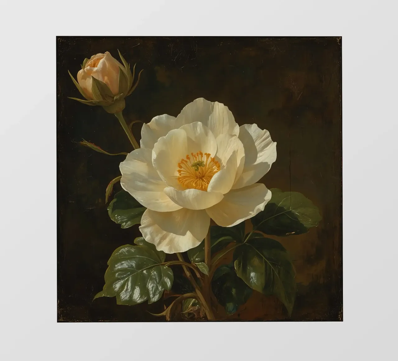 Raffigurazione dettagliata di un fiore bianco e di un bocciolo con una rigogliosa pellicola backlit da DesignDoodle