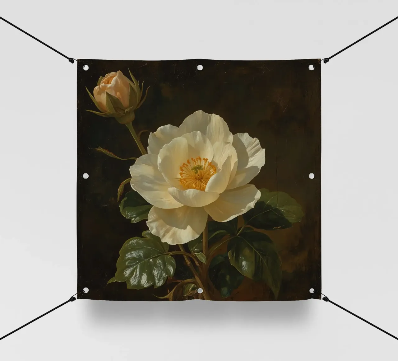 Raffigurazione dettagliata di un fiore bianco e di un bocciolo con una rigogliosa telo in pvc da DesignDoodle