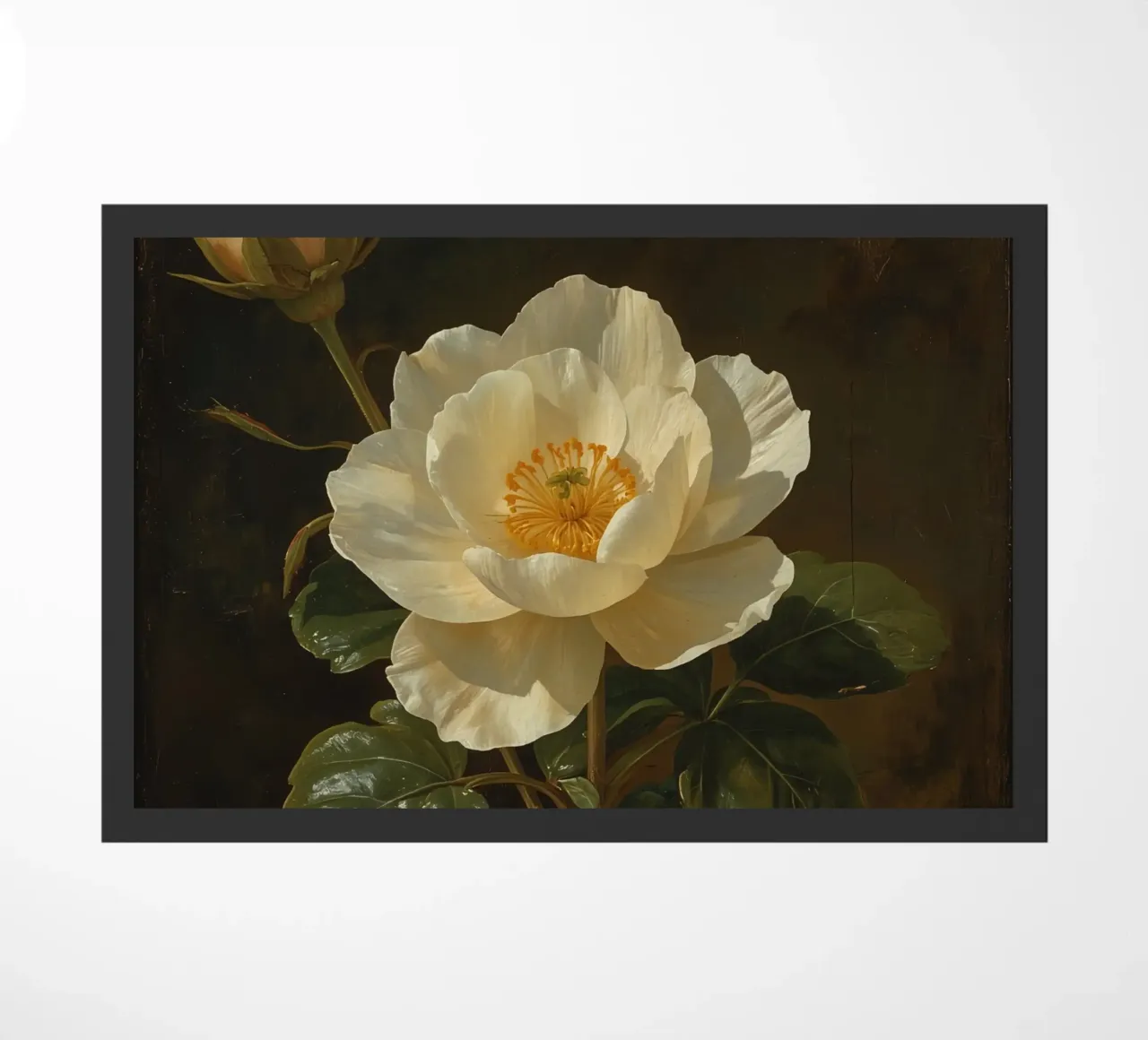 Raffigurazione dettagliata di un fiore bianco e di un bocciolo con una rigogliosa zerbino da DesignDoodle