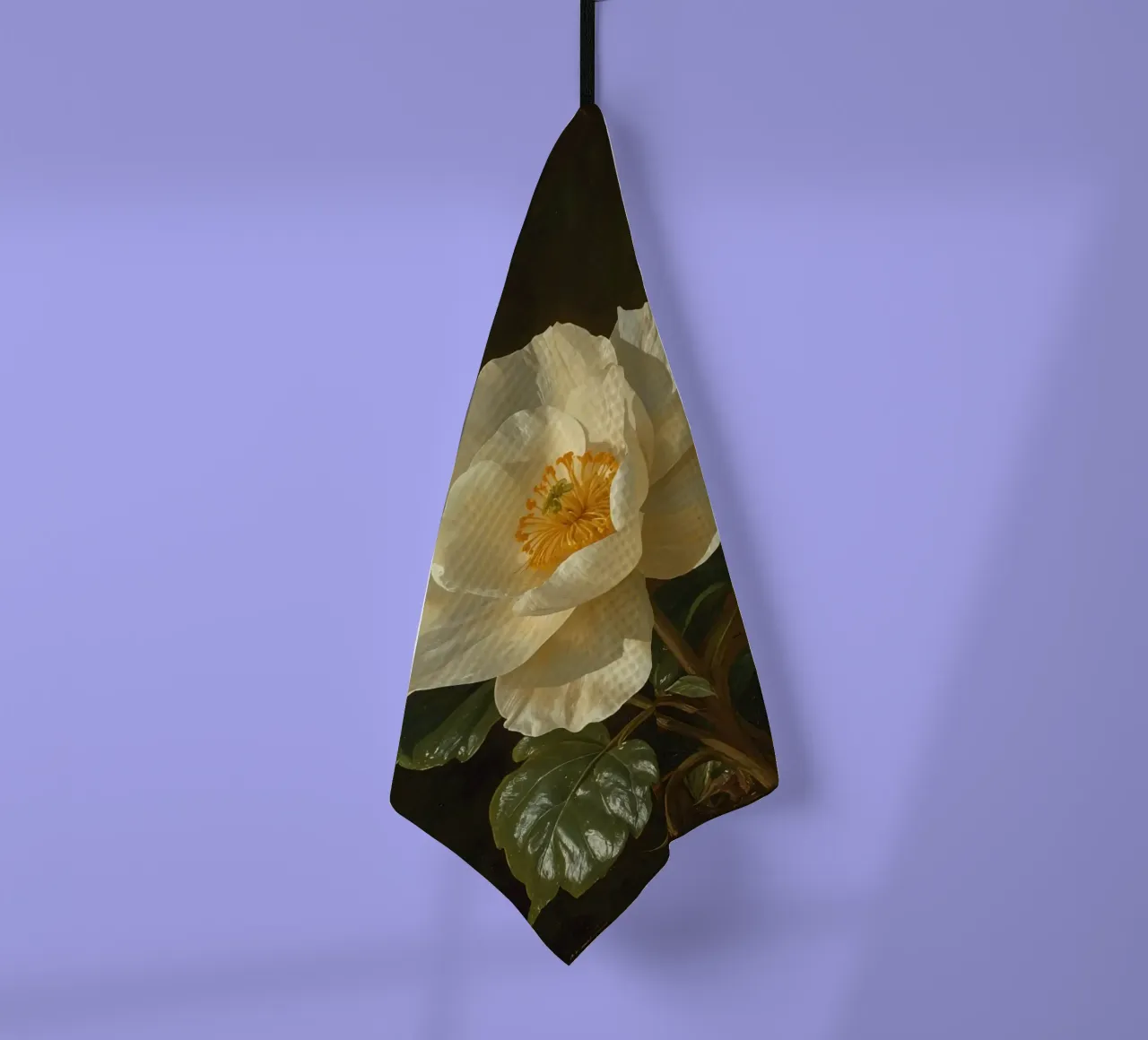 Raffigurazione dettagliata di un fiore bianco e di un bocciolo con una rigogliosa canovaccio da cucina da DesignDoodle