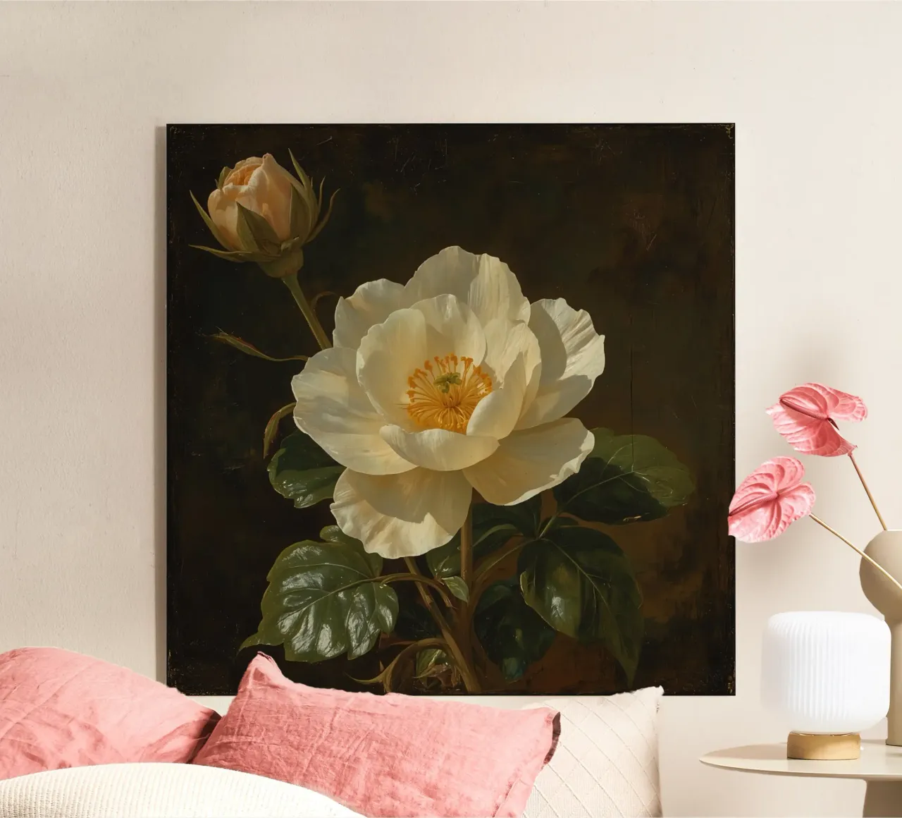 Raffigurazione dettagliata di un fiore bianco e di un bocciolo con una rigogliosa plexiglass da DesignDoodle