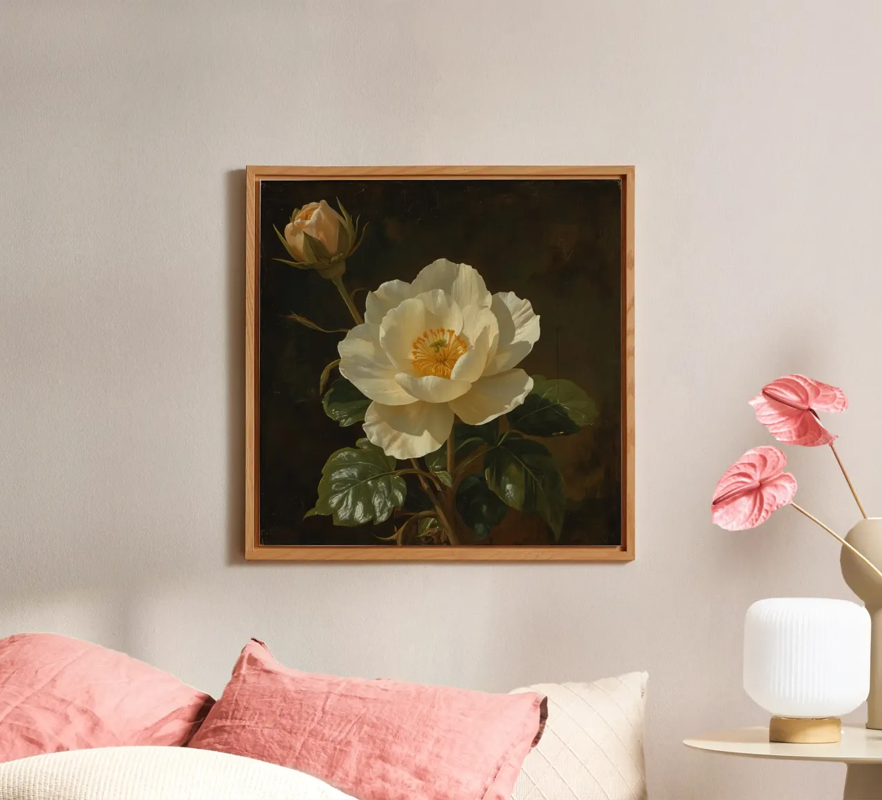 Raffigurazione dettagliata di un fiore bianco e di un bocciolo con una rigogliosa alluminio dibond da DesignDoodle