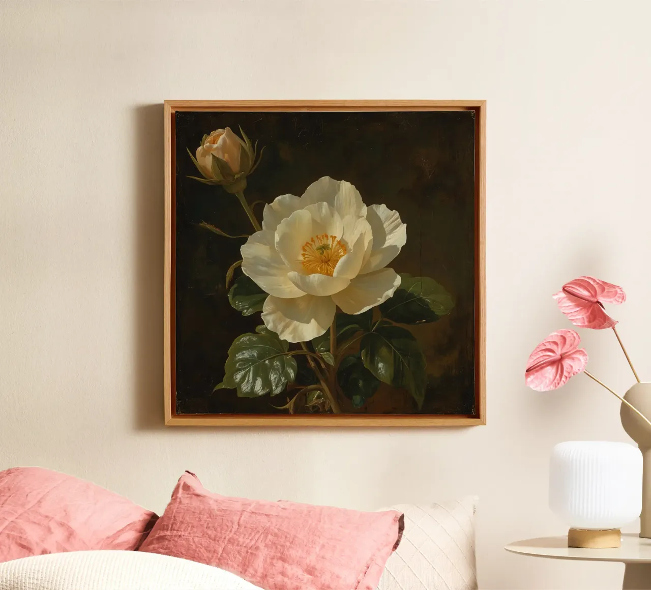 Raffigurazione dettagliata di un fiore bianco e di un bocciolo con una rigogliosa tela con Cornice a cassetta da DesignDoodle