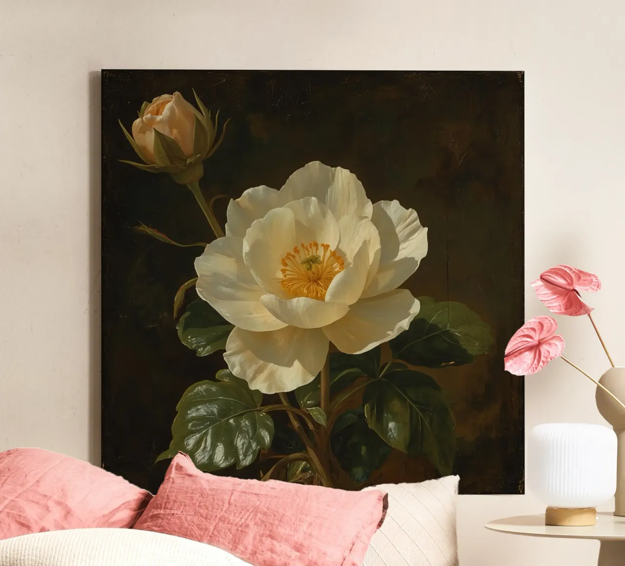Raffigurazione dettagliata di un fiore bianco e di un bocciolo con una rigogliosa tela con Cornice a cassetta da DesignDoodle