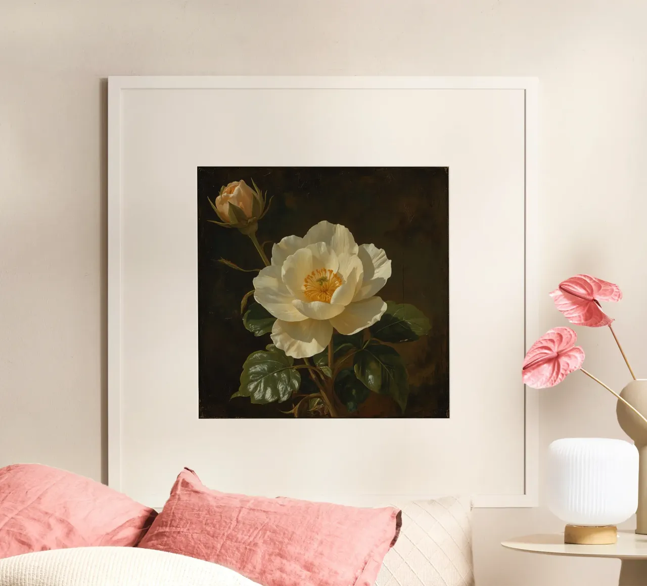 Raffigurazione dettagliata di un fiore bianco e di un bocciolo con una rigogliosa poster con telaio in plastica da DesignDoodle