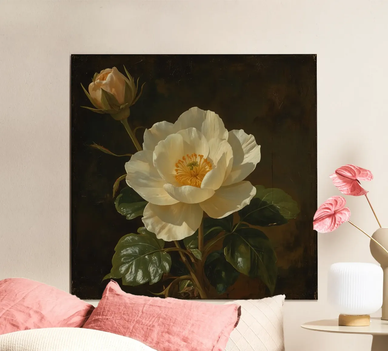 Raffigurazione dettagliata di un fiore bianco e di un bocciolo con una rigogliosa poster con telaio in alluminio da DesignDoodle