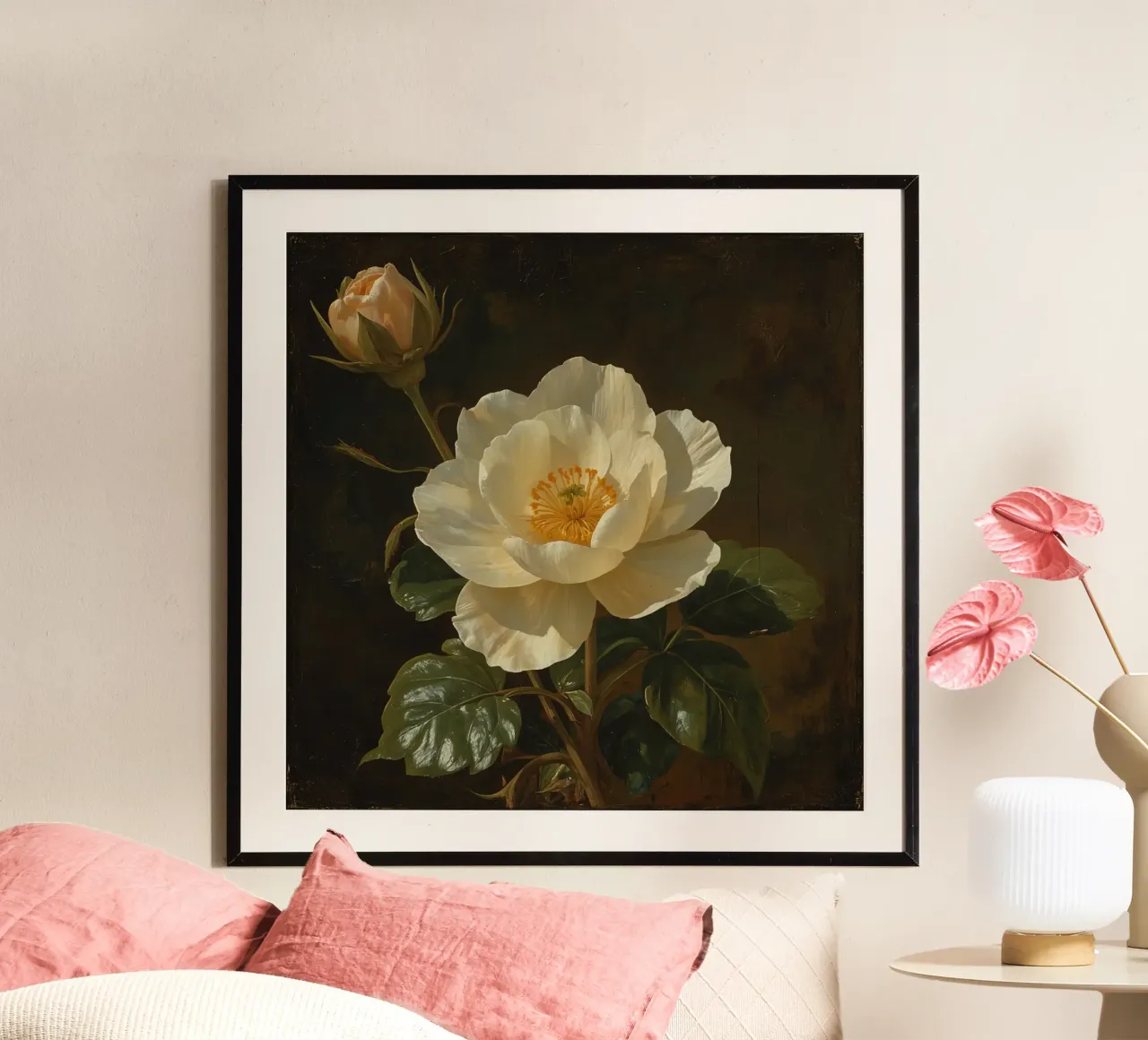 Raffigurazione dettagliata di un fiore bianco e di un bocciolo con una rigogliosa poster con telaio in plastica da DesignDoodle