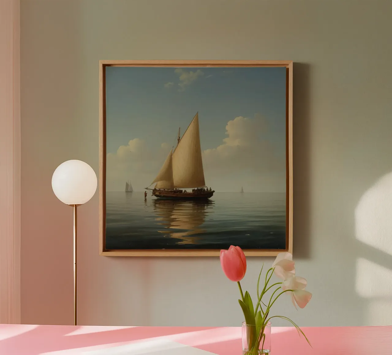 Sailboat glides across calm waters reflecting clouds canvas with Floater frame by DesignDoodle