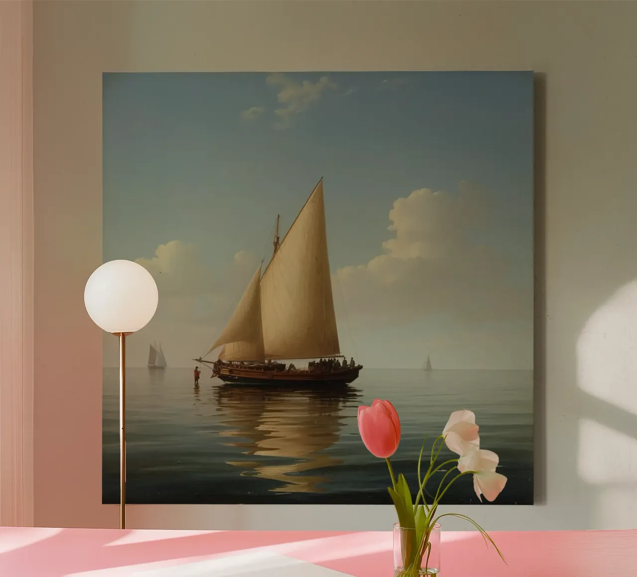 Sailboat glides across calm waters reflecting clouds canvas with Floater frame by DesignDoodle